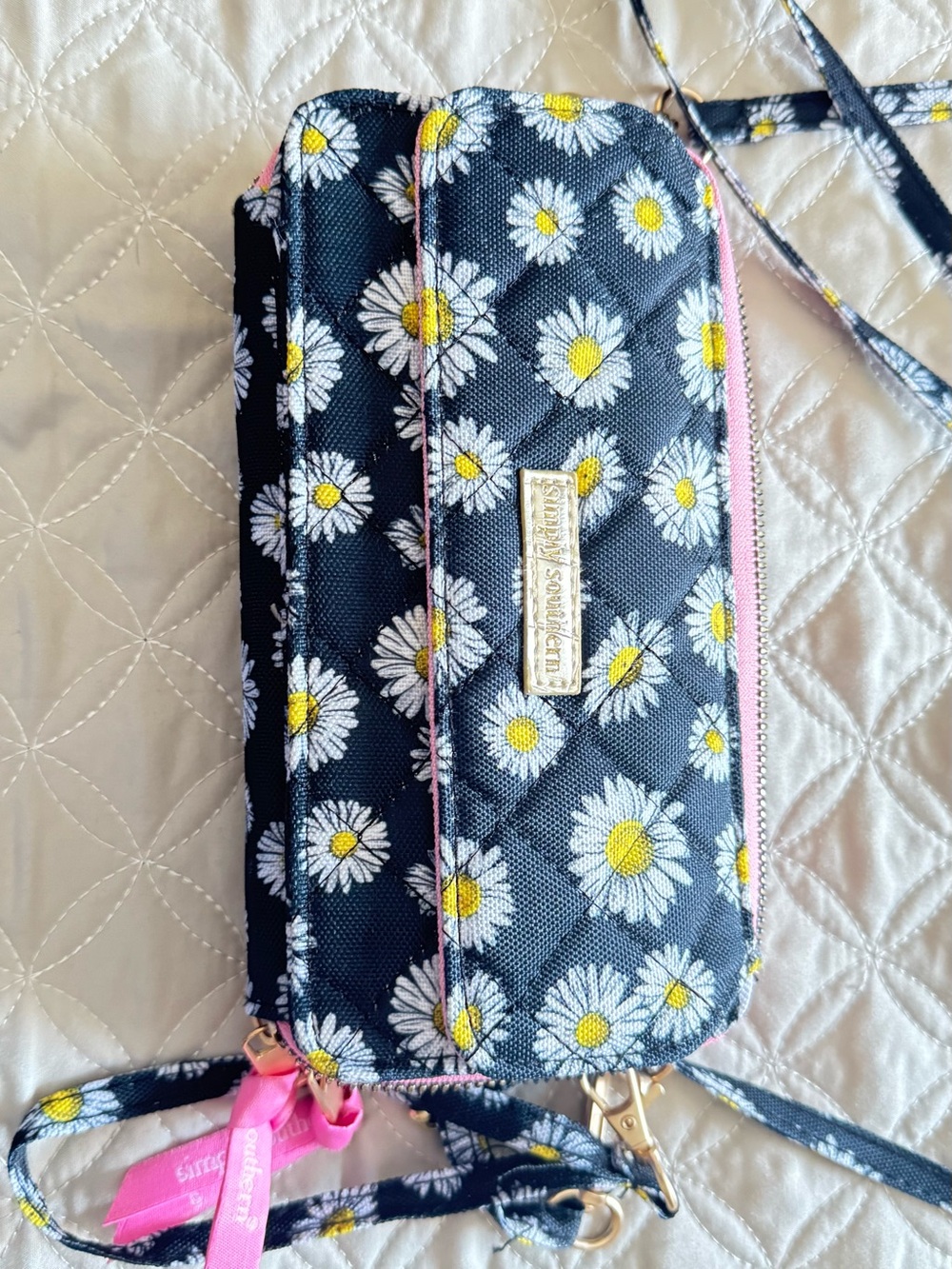 Simply Southern Navy Daisy Crossbody Wallet with Pink Trim